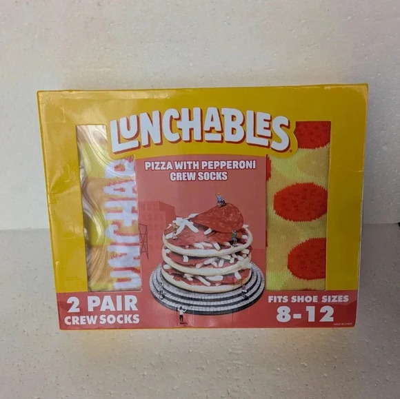 2 Pair Lunchables Crew Socks in Gift Box, Men's Shoe 8-12, Pepperoni Pizza B38 - Picture 2 of 4